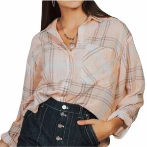 Free People Curie Plaid Dolman Sleeve Button Top